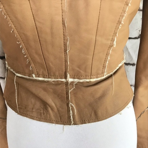 Tan Frayed Seams Patchwork Vegan Leather Fitted Jacket Coat size small - Picture 7 of 11